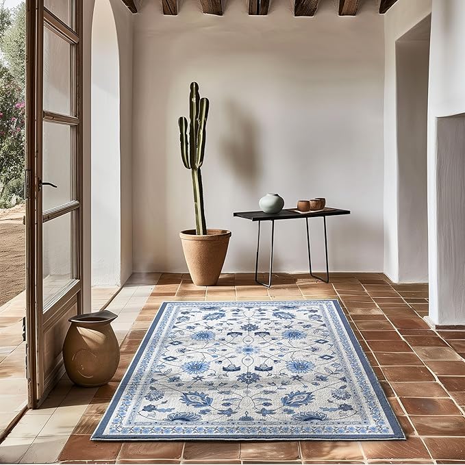 EVERGRACE Area Rugs for Living Room 3x5, Boho Floral Faux Wool Indoor Outdoor Rugs, Washable Rugs for Bedroom Entryway Dining Room Hallyway, Low Pile Floor Mat Carpet for Home Decor, Porcelain Blue