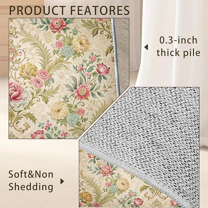 Chic Vintage Rose Rug for Living Room 3x5, Low Pile Non-Slip Backing, Machine Washable Easy Fold Rug for Home, Office, Dorm Room