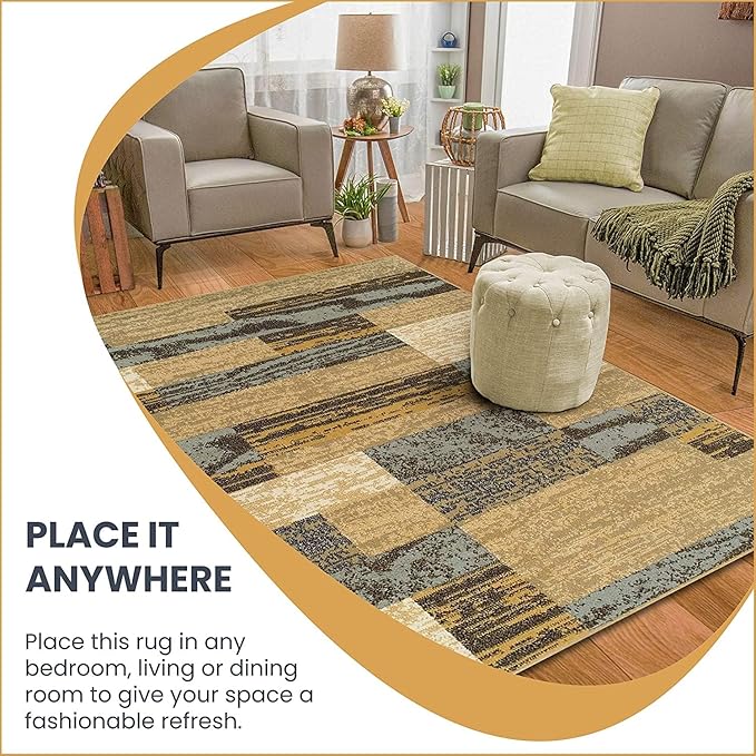 SUPERIOR Indoor Area Rug, Jute Backed, Modern Geometric Patchwork Floor Decor for Bedroom, Office, Living Room, Entryway, Hardwood Floors, Rockwood Collection, 7' x 9', Light Blue-Beige