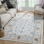 WILLSUN Washable Area Rugs, 4x6 Non-Slip Boho Large Area Rugs for Living Room, Bedroom, Machine Washable Vintage Rug, Indoor Floral Print Carpet for Home Decor, Kid & Pet Friendly Mat