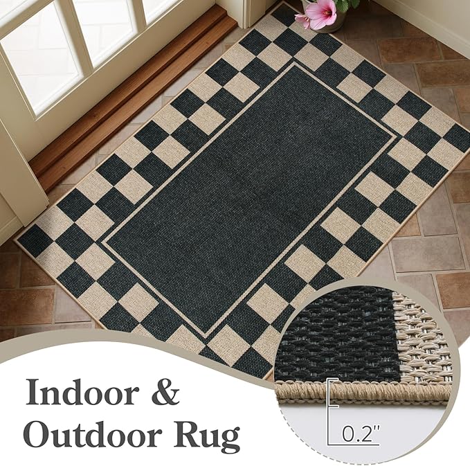 Moynesa Checkered Easy Jute 5x7 Area Rugs for Living Room, Washable Outdoor Patio Rug for Backyard Porches Non Slip, Black Farmhouse Carpet for Dining Room Balcony