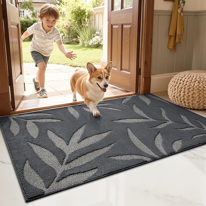 LUMI Indoor Door Mat 36x60, Washable Front Doormat with Welcome Leaf Pattern, Non-Slip Rubber Back Absorbent Mats for Entrance, Patio, Garage, Dark Grey
