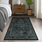 Black White 4x6 Throw Rugs for Entryway, Washable Dark Rug with Rubber Backing for Living Room Bedroom, Vintage Medallion Distressed Area Rug for Kitchen/Bathroom/Dorm/Home Office