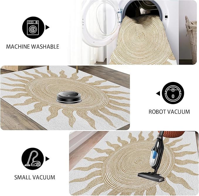 Boho Washable Rugs for Bedroom 5x6, Modern Sun Print Soft Minimalism Area Rug, Non Slip Low Pile Abstract Carpet for Classroom Living Room Decor Dining Room Sofa Kids Nursery Room, Beige Yellow