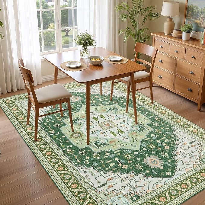 4x6 Green White Area Rug for Living Room, Machine Washable Rugs with Non-Slip Backing for Bedroom, Vintage Medallion Carpet Kitchen Laundry Kids Room Decor