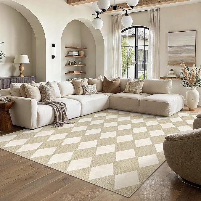 8x10 Checkered Area Rugs for Living Room Beige Machine Washable Large Rug Non-Slip Stain Resistant Low Pile Boho Accent Indoor Throw Carpet for Bedroom Dining Room Home Aesthetic Decor
