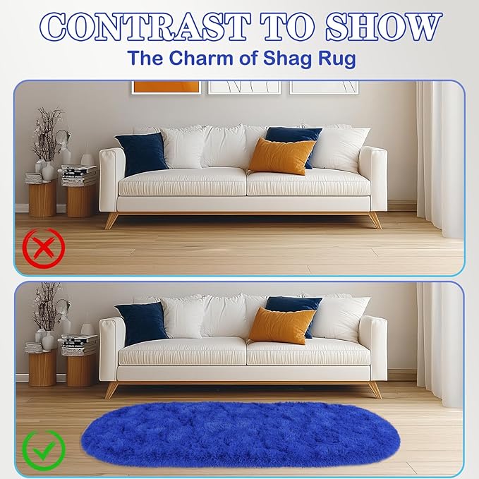 Soft Fluffy Area Rug for Bedroom, Blue Fuzzy Shaggy Oval Throw Rugs for Bedside, Non-Slip Cozy Plush Shag Carpet for Boys Kids Room Nursery Dorm Living Room, 2.6 x 5.3 Feet