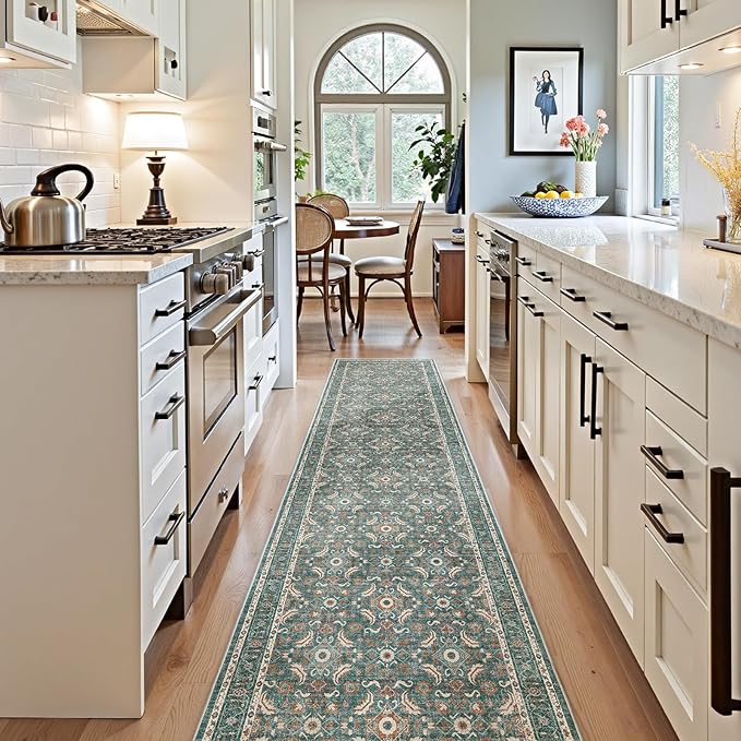 WITSHOCK Washable 3x12 Long Runners Rugs for Hallways,Vintage Neutral Hallway Rugs for Entryway Kitchen Bedroom,Vintage Farmhouse Home Decor(Teal Blue,3x12)