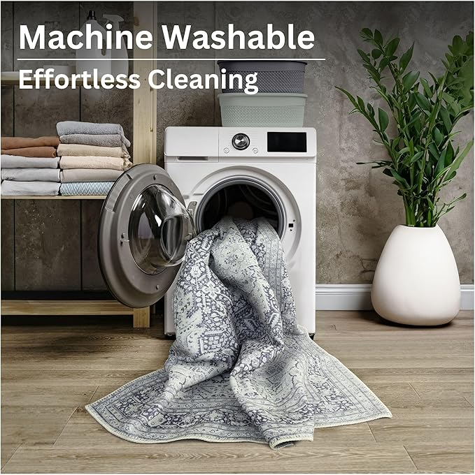Bloom Rugs Washable Non-Slip 5' x 7' Rug - Charcoal Blue Traditional Medallion Area Rug for Living Room, Bedroom, Dining Room, and Kitchen - Exact Size: 5' x 7'