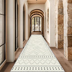 Beige White Runner Rug, 2x7ft Black Geometric Square Pattern Hallway Decor Rug - Modern Home Corridor & Foyer Accent Carpet, Non-Slip Mat Washable Rugs, Stylish Carpet for Hallway Spaces