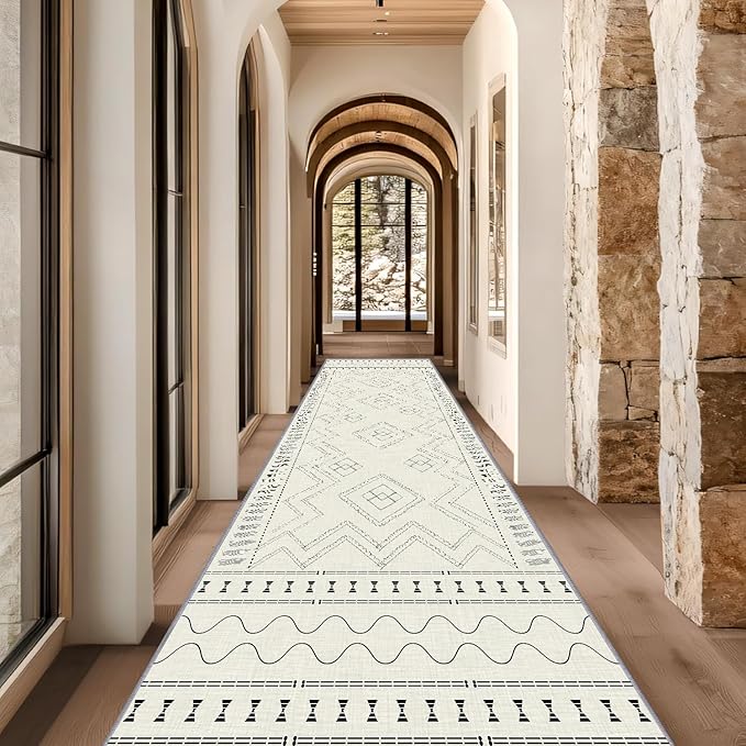 Beige White Runner Rug, 3x10ft Black Geometric Square Pattern Hallway Decor Rug - Modern Home Corridor & Foyer Accent Carpet, Non-Slip Mat Washable Rugs, Stylish Carpet for Hallway Spaces