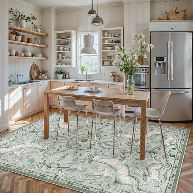 Lahome Boho Animal Washable Rugs for Living Room 8x10, Green Soft Rugs for Bedroom, Botanical Large Boho Non Slip Dining Room Carpet for Under Table Office Kids Playroom (8x10ft,Light Green)