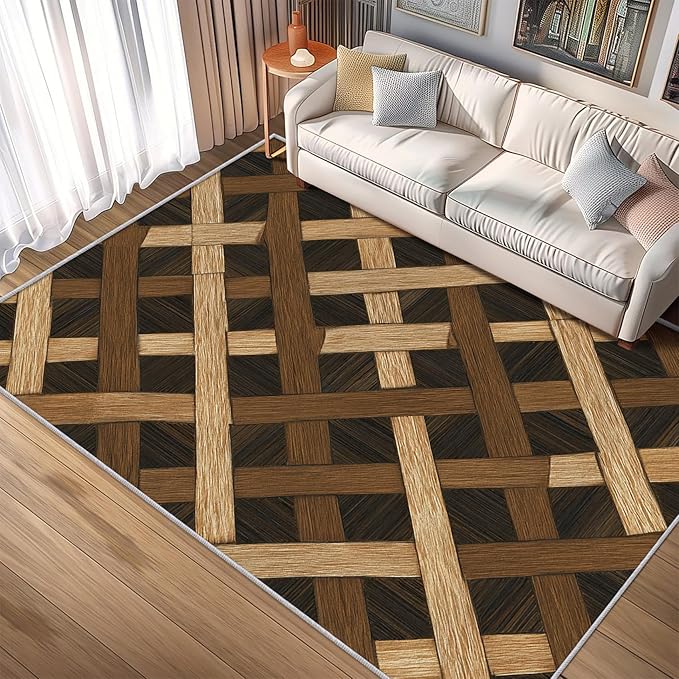 Checkered Rug, Washable 5x8 Rug for Living Room, Wood Grain Patterned Indoor Carpet, Checkered Geometric Decor for Home, Bedroom, Soft Non Slip Thin Design FER29