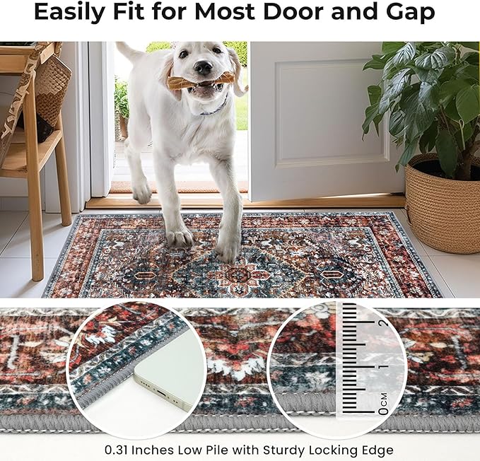 KOZYFLY Area Rug 3x20 Ft Washable Boho Runner Rug for Entryway Hallway Indoor Printed Faux Wool Carpet for Bedroom Kitchen Hall, Brick Red/Orange/Green