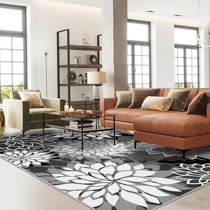 5x8 Outdoor Area Rug Washable Multicolored Patio Rug Tropical Botanical Floral Chenille Waterproof Outdoor Carpet for Living Room, Deck, Backyard, Porch, Blue
