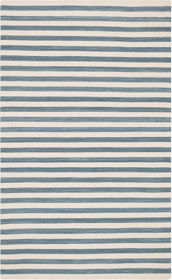 Home Conservatory Ladder Stripe Blue/Ivory Handwoven Wool 5 X 8 Feet, Blue/Ivory Stripe Pattern