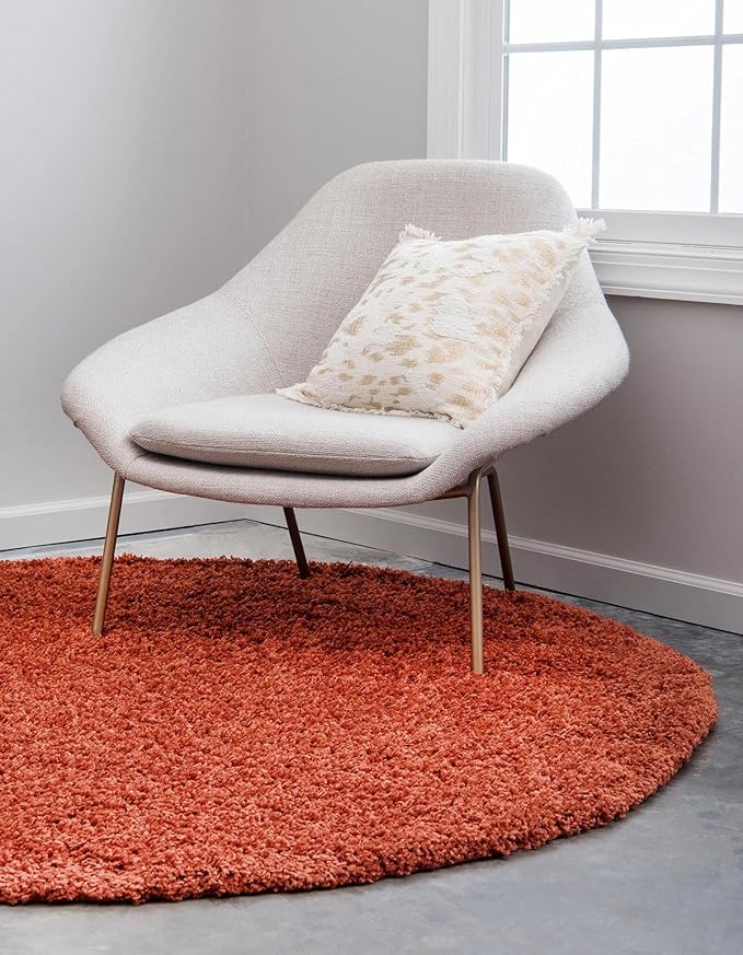 Unique Loom Solid Shag Collection Area Rug (4' 1" Round, Terracotta)
