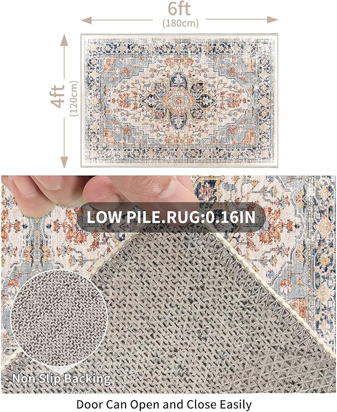 Enkor Area Soft Rugs 4x6 Washable Non Slip Boho Floor Rugs for Living Room Bedroom, Vintage Style Farmhouse Mat for Kitchen Entryway Orange & Black