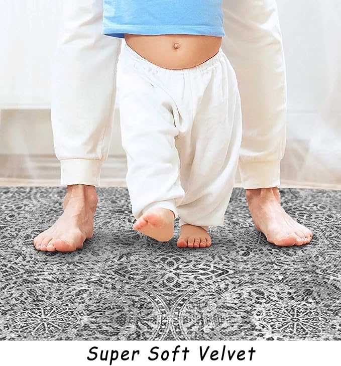 vivorug 9x12 Area Rugs for Living Room, Non Slip Machine Washable Vintage Grey Rug, Ultra-Thin Lightweight Large Area Rug for Bedroom, Dining Room, Low Pile Rug