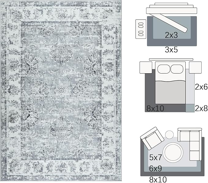 jinchan Fiora Washable Area Rug 8x10 for Living Room Soft Faux Wool Ultra-Thin Stain Resistant Non-Slip Distressed Vintage Floral Large Carpet for Bedroom Dining Room Home Office Nursery(Grey, 8'x10')
