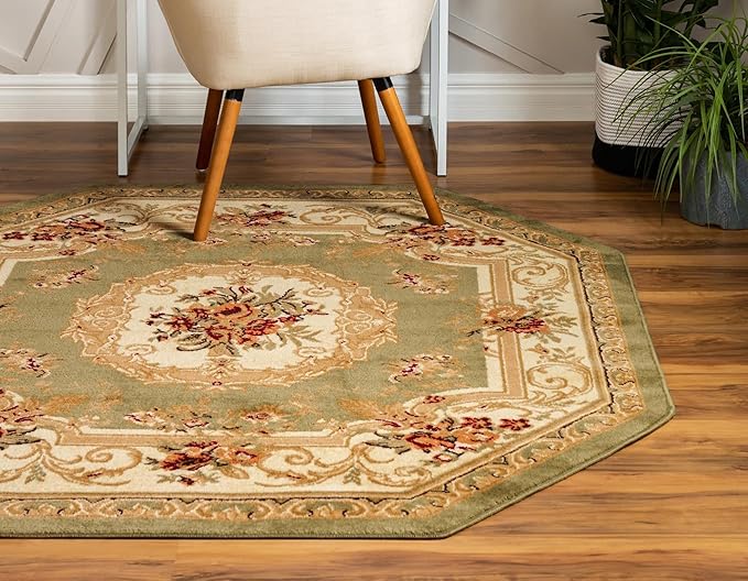Unique Loom Versailles Collection Traditional Classic Floral Motif Area Rug (5' 0 x 5' 0 Octagon, Green/Ivory)