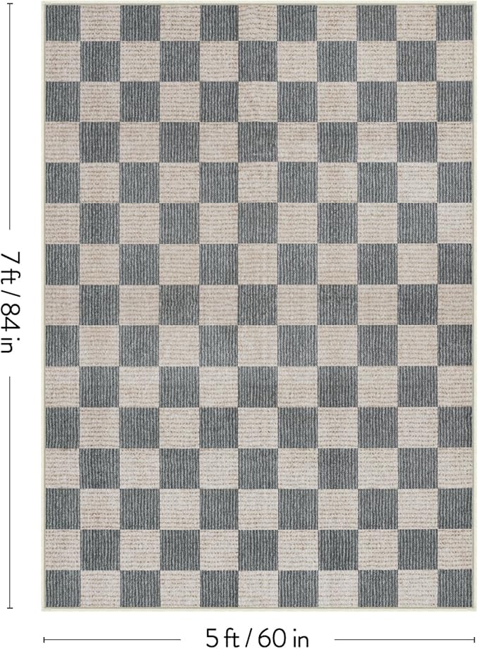 Machine Washable 5x7 Area Rugs for Living Room Checkered, Non Slip Soft Low Pile Geometric Modern Neutral Playroom Rugs for Bedroom Indoor, Large Carpet Rugs for Dining Room Kitchen(Grey, 5'x7')