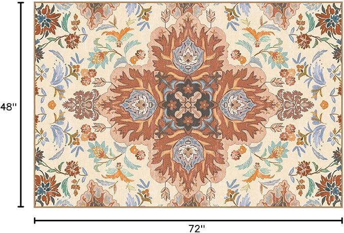 Phantoscope Washable Area Rug 4'x6' Non-Slip, Vintage Boho Rugs for Living Room, Bedroom, Dining Room, Fall Orange Floral Medallion Pattern, Low-Pile Foldable Floor Carpet, Rust/Multi Floral