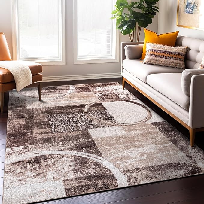 Rugshop Contemporary Abstract Circle Design Area Rug, Fade-Resistant Modern Carpet for Living Room, Dining Room, or Office, Brown, 10' x 14'