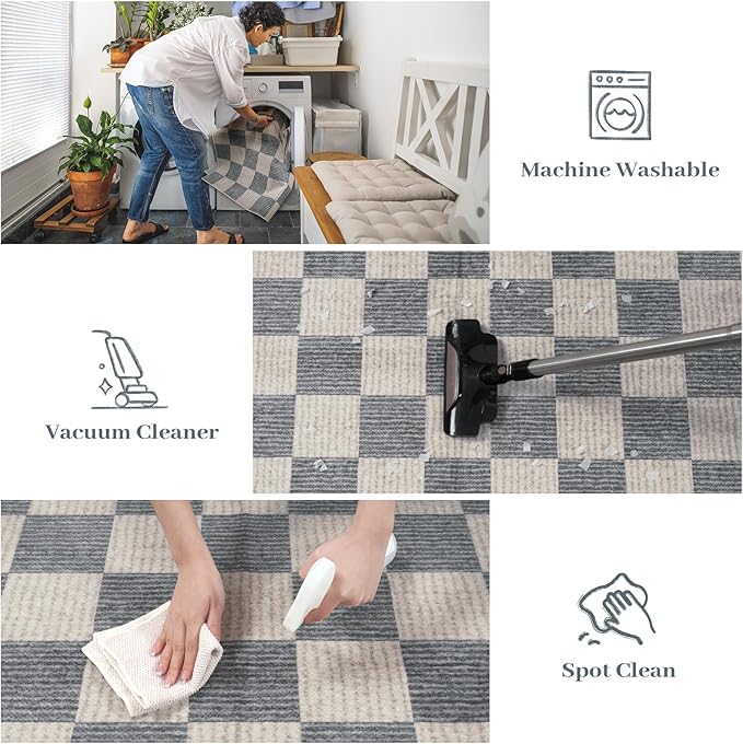 LIVEBOX Machine Washable Area Rug 6x9 Checkered, Non Slip Soft Large Bedroom Living Room Rug Farmhouse Neutral Classic Geometric Pattern Boys Rug, Indoor Carpet for Den Dorm Playroom(Grey,6'x9')