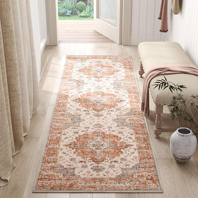 jinchan Runner Rug 3x10 Vintage Hallway Runner Boho Washable Rug Floral Medallion Retro Non Slip Classic Thin Soft Carpet for Kitchen Bedroom Bathroom Laundry Room Doorway Brick Red