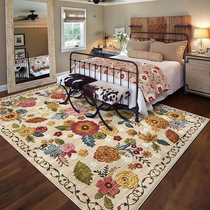 8x10 Machine Washable Area Rug for Living Room, Beige Vintage Boho Floral Rug Large Non-Slip Low Pile Soft Faux Wool Carpet, Kids and Pets Friendly for Bedroom Dining Room Farmhouse Home Decor Rug