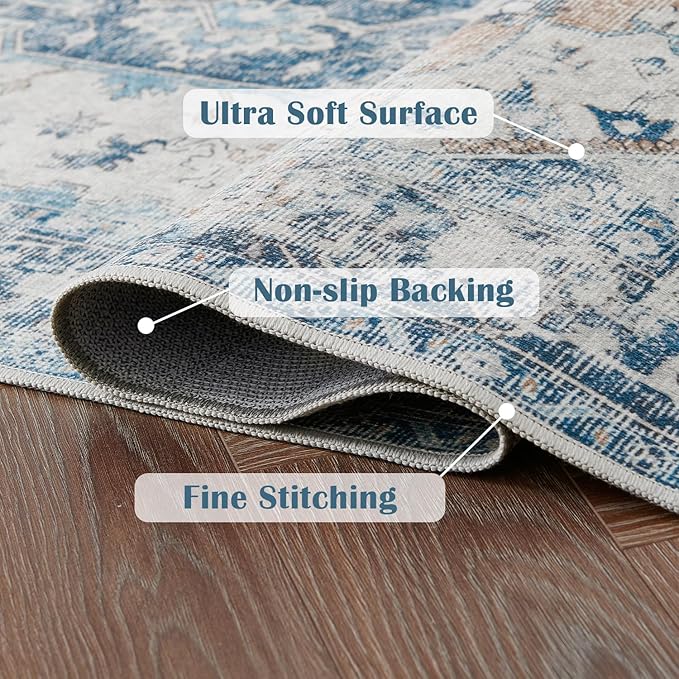 jinchan Kelda Runner Rug 3x10 Vintage Hallway Rug Washable Runner Retro Floor Cover Lightweight Non-Slip Low Pile Thin Distressed Carpet for Entryway Bathroom Laundry Room Bedroom Stairway Blue