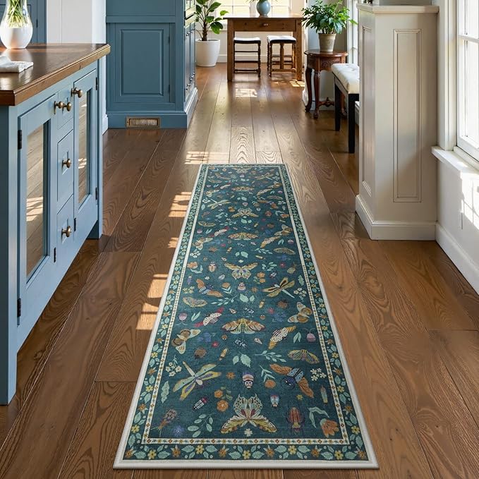 Lahome Insect Hallway Runner Rug, 2'5''x8' Ultra-Thin Washable Runners for Hallways Kitchen, Soft Laundry Room Rug Non-Slip Long Carpet for Entryway Bedroom Bathroom, Dark Green