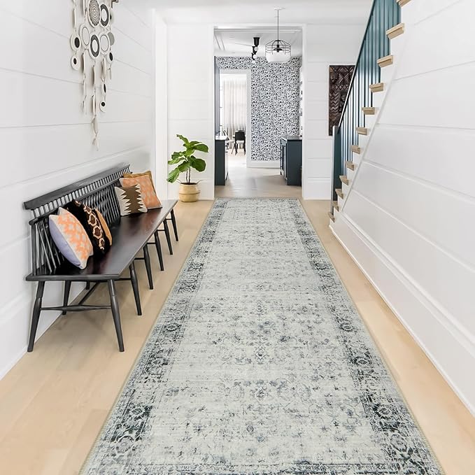 Morebes Vintage Hallway Runner Rug 2x10,Machine Washable Kitchen Runner Rugs Non Skid Washable,Soft Distressed Non-Shedding Carpet Runner for Entryway Foyer Bedside Playroom,Grey