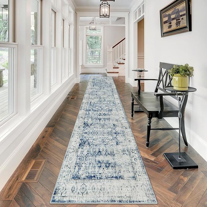 Morebes Vintage Hallway Runners 12 Ft Non Slip, Washable Blue Hall Runner Rugs, Super Soft Distressed Extra Long Floor Carpet for Kitchen Entryway Living Room Dining Farmhouse