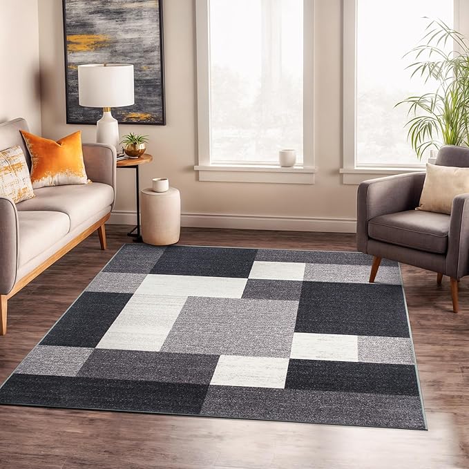 Rugshop Modern Boxes Design Non-Slip (Non-Skid) Square Dining Room, Living Room, Kitchen Area Rug 6'6" x 6'6" Gray