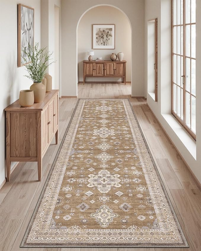 DEXI Hallway Runner Rug 3x12, Distressed Non Slip Runners Carpet, Boho Vintage Soft Thin Indoor Rug, Stain Resistant Washable Entry Mat for Entryway Kitchen Laundry Room Living Room, Light Brown