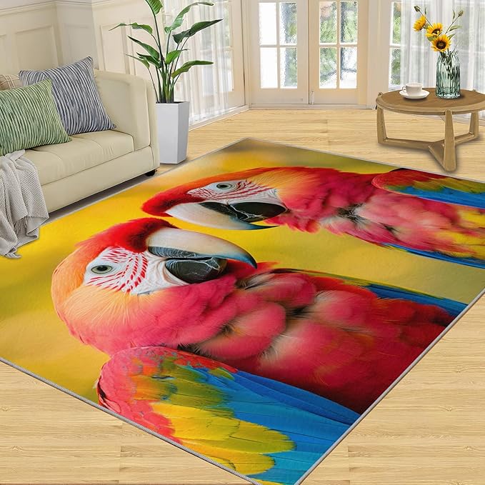 Parrot Rugs for Bedroom - 5x6 Area Rug - Cute Parrot Rugs for Living Room, Colorful 3D Animal Rug, Non-Slip Washable Home Decor Carpet
