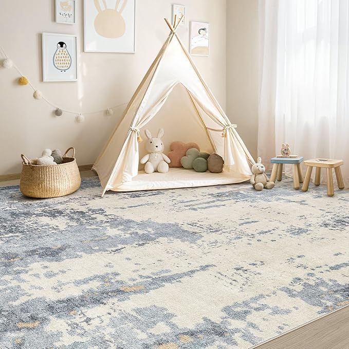 5x8 Area Rug Living Room Rugs - Washable Neutral Modern Abstract Soft Thin Rug Indoor Floor No Slip Rug Carpet for Bedroom Under Dining Table Home Office Decor - Blue/Light Brown