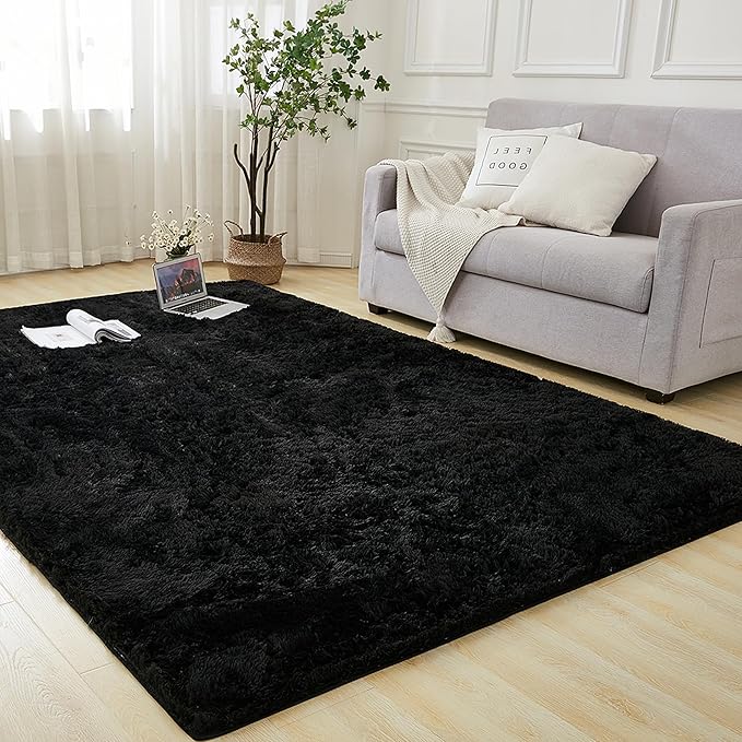 Andency 6x9 Area Rugs Black, Large Shag Fluffy Soft Shaggy Rugs for Living Room Bedroom, Non-Slip Thick Plush Carpet for Kids Girls and Boys, Dorm Nursery Home Decor Aesthetic