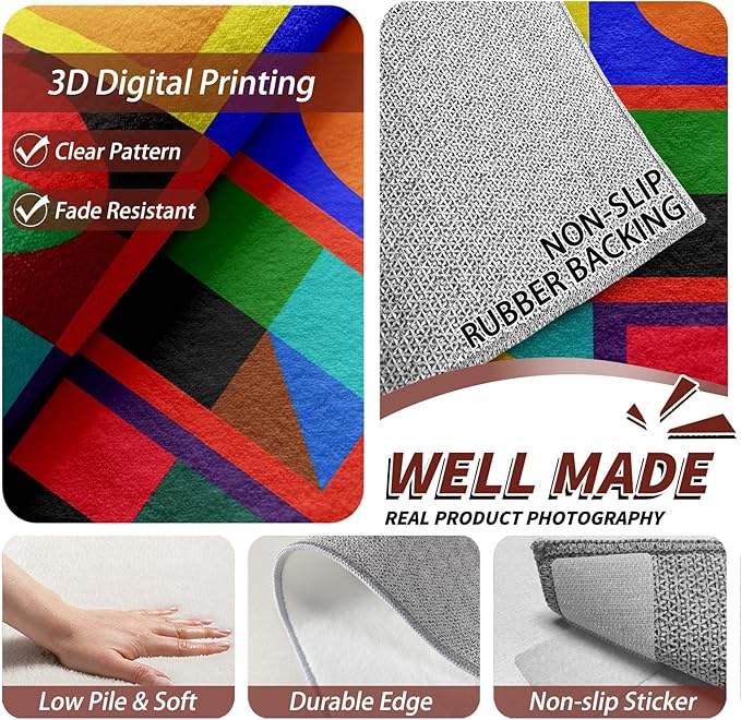 Geometric Large Area Rug - 7x10 Rug - Colorful Abstract Modern Funky Rugs for Living Room Non Slip Low Pile Machine Washable Area Rugs, Geometric Carpets Home Decor & Gifts