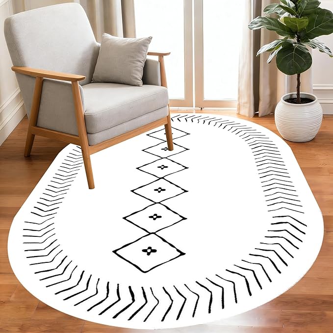Simple Black and White Geometric Texture Bordered Area Rug 3x5 for Living Room Bedroom Dining Room Soft Washable Anti Slip Floor Mats Doormat Modern Minimalist Large Carpet Cozy Indoor Oval Rugs