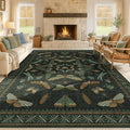 Green Living Room Rug - Vintage Washable Dark Green 10x14 Rug for Dining Room Under Table, Bedroom, Insect Moth Floral Design, Non-Slip Soft Low Pile