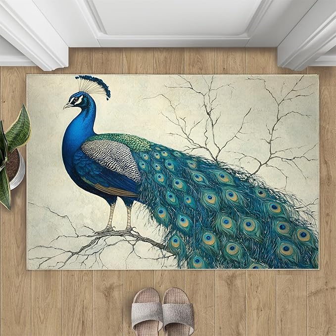 Peacock Area Rug 2x3-2x3 Rug, Peafowl Rugs for Living Room, Teal Turquoise Carpet, Modern Style Washable Area Rugs for Bedroom, Peacock Feather Carpet - Peafowl Home Decor & Gifts