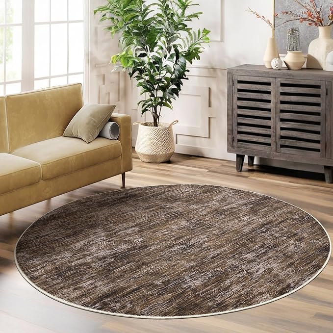 RUGSREAL Washable Round Rug 4x4 ft for Living Room Modern Round Rug Small Bedside Carpet with Rubber Backing Stain Resistant Small Entry Mat Neutral Circle Rug for Bedroom Nursery Home Decor, Brown