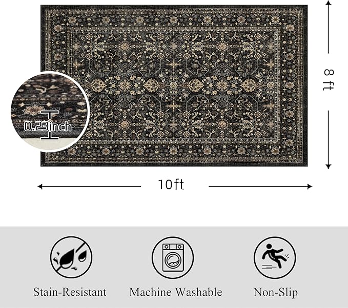 Area Rug Non Slip Machine Washable Ultra Soft Living Room/Bedroom/Kitchen/Outdoor/Classroom Black Grey, 8'×10'