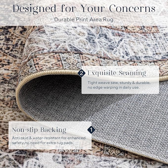 Phantoscope Washable Area Rug 4'x6' Non-Slip, Vintage Neutral Rugs for Living Room, Bedroom, Dining Room, Distressed Boho Floral Medallion Pattern, Low-Pile Foldable Floor Carpet, Light Brown