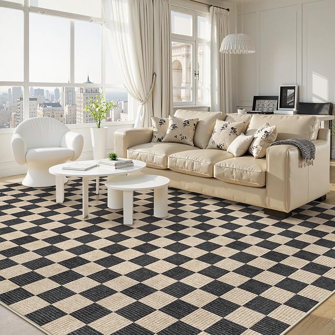 LIVEBOX 9x12 Area Rugs for Living Room, Checkered Non-Slip Washable Rugs, Farmhouse Neutral Classic Geometric Large Boys Area Rug for Bedroom, Carpet for Living Dining Room Office(Black,9'x12')