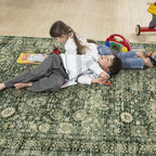 Morebes Area Rug 4x6 Vintage Washable Boho Rugs for Bedroom, Soft Living Room Carpet Non-Slip Non-Shedding Faux Wool Rug for Farmhouse Dining Room Indoor Kids Playroom, Grayish Green