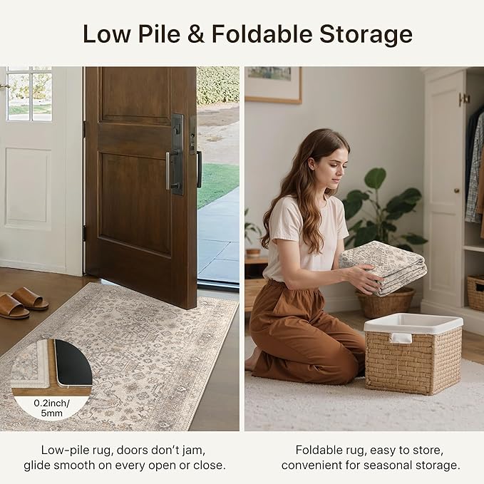 Bavni Washable Entry Rug 2x3, Non Slip Door Mat for Entryway or Kitchen, Vintage Print Low Pile Ultra Thin Indoor Rug, Light Taupe Brown